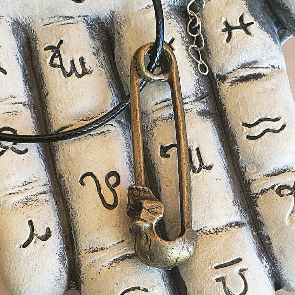Skull Safety Pin Amulet Pendant Necklace Brass